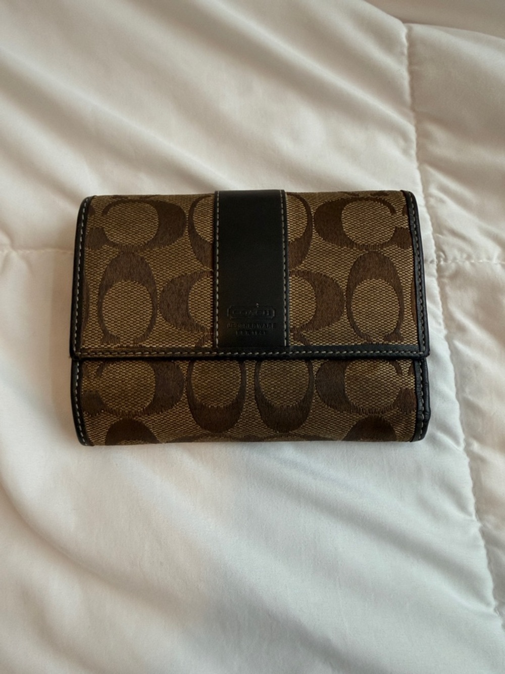 Coach Brown Signature Canvas Trifold Wallet with Black Trim